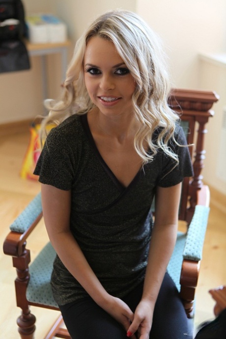 Slim blonde teen Sabrinka gets double penetrated by two older guys in suits